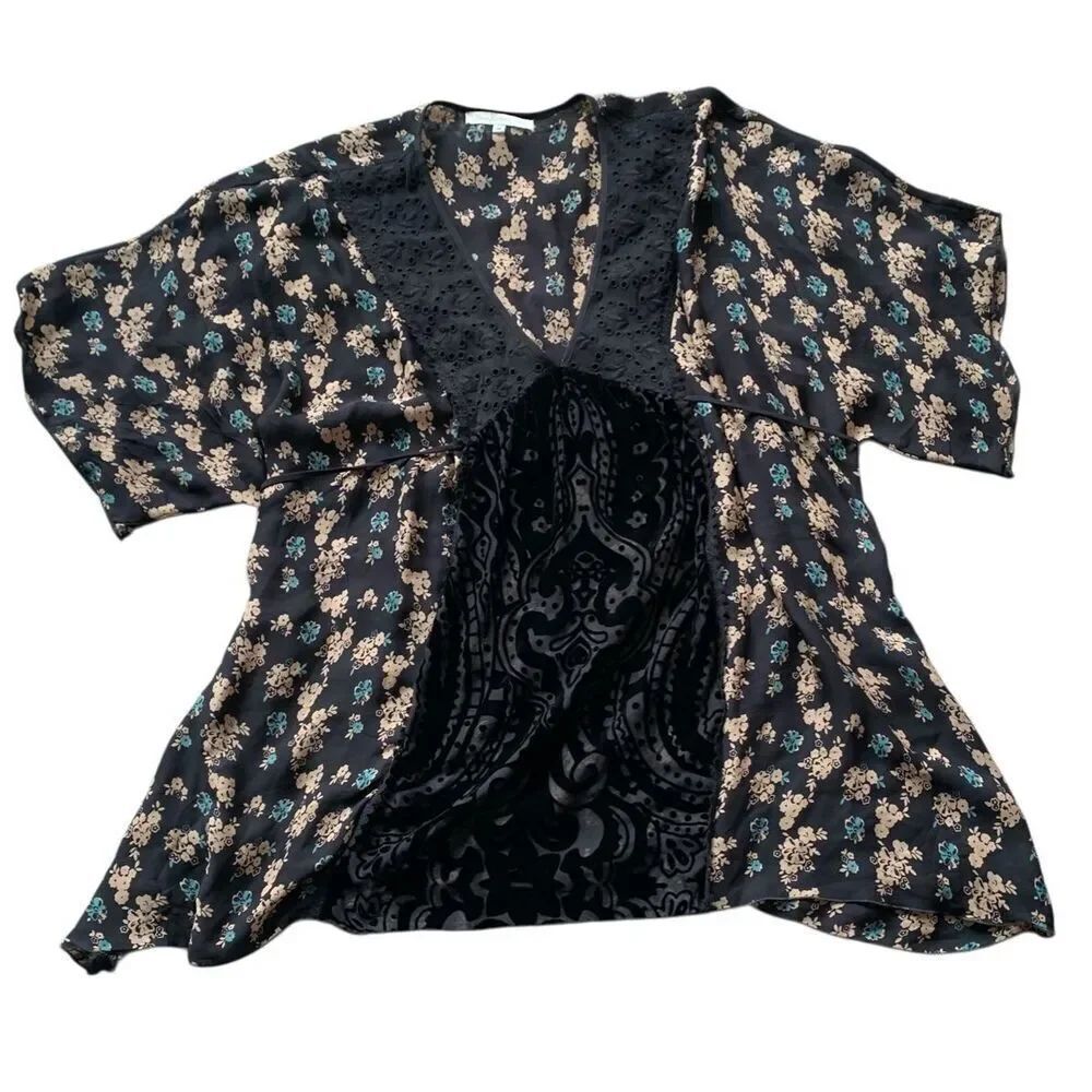 Johnny Was Love Claret Nephele Silk Eyelet BOHO floral TUNIC TOP BLOUSE sz M